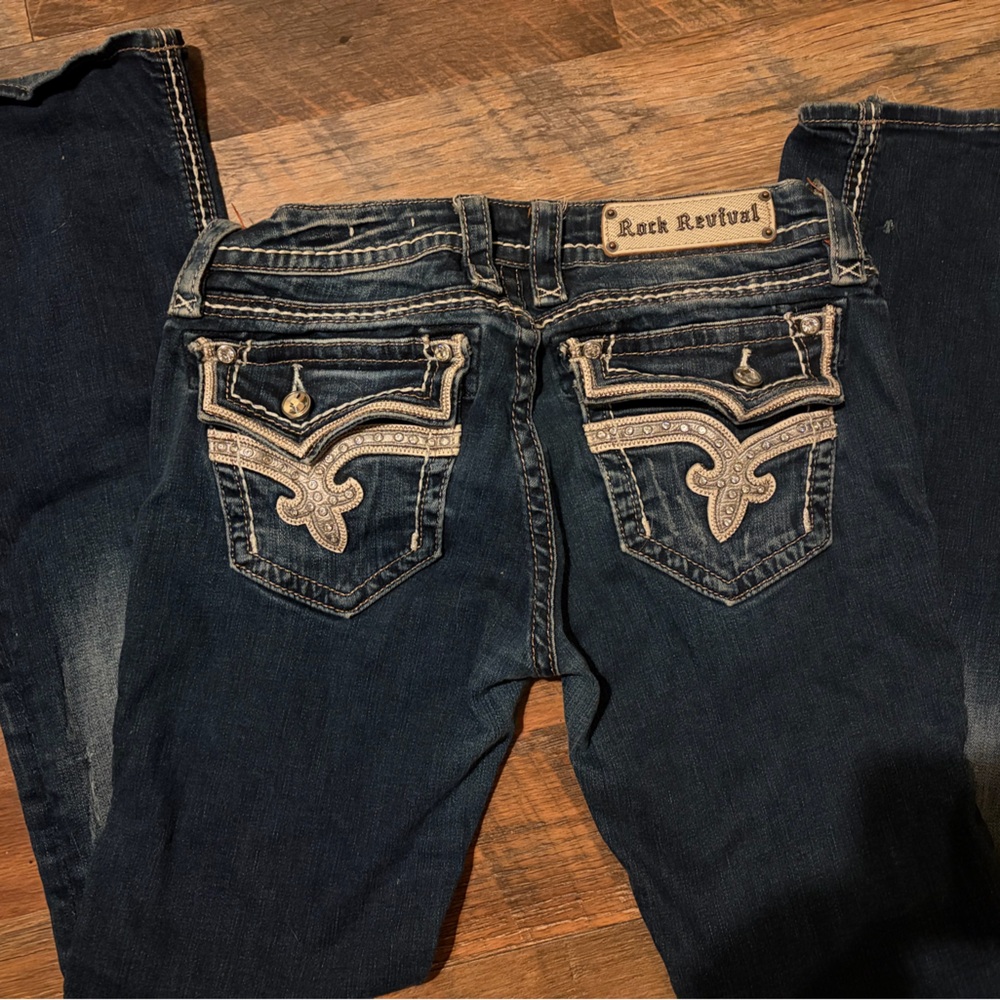 Rock Revival Women's Bootcut Jeans in Dark Blue with White Stitching